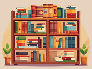 A beautifully illustrated wooden bookshelf with neatly arranged books in warm colors, set against a muted beige background