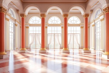 Sunlight illuminates red grand hall through large windows in palace or castle, surrounded by lush greenery
