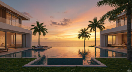 Fototapeta premium Luxurious house features a stunning infinity pool reflecting a vibrant sunset, bordered by palm trees. A perfect blend of modern design and natural beauty creates a tranquil atmosphere