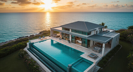 Fototapeta premium A modern luxury house features an infinity pool, expansive outdoor area, and panoramic ocean views during a breathtaking sunset. Relaxation and elegance define this coastal retreat