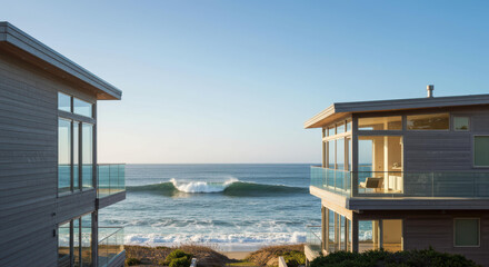 Two elegant luxury houses stand beside each other, overlooking the calm ocean waves rolling in during early evening. The serene setting captures the beauty of coastal living
