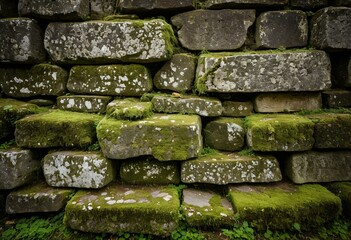 Naklejka premium A stone wall covered in green moss.