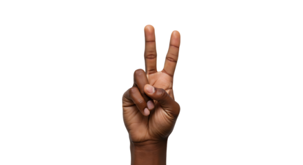 Hand Showing Peace Sign with Two Fingers on White Background