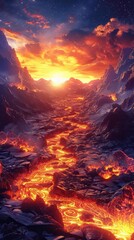 A fiery landscape with molten lava flowing through rugged mountains under a dramatic sunset.