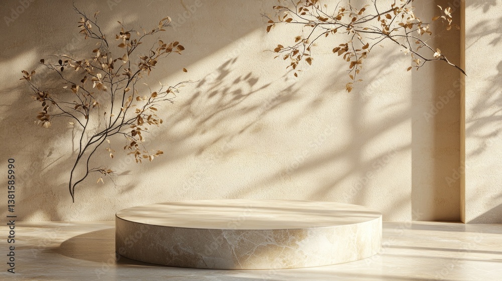 Poster A circular stone platform rests on a polished floor, illuminated softly by sunlight. Delicate branches with dried leaves extend gracefully against a muted wall, creating an enchanting atmosphere