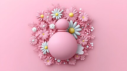 A pink perfume bottle surrounded by various floral arrangements