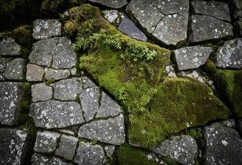 Fototapeta premium A stone wall covered in green moss and lichen.