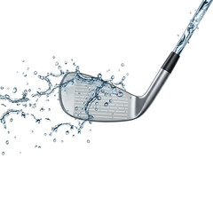 A golf club is being splashed with water on a transparent background.