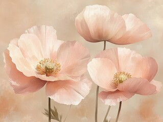 Delicate pink poppies blooming against a soft pastel background  