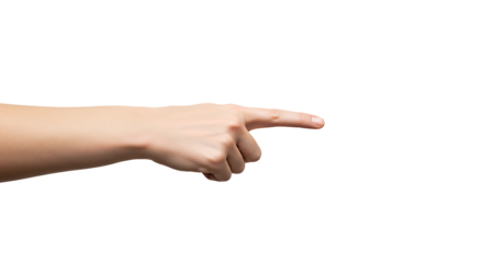 Woman's hand pointing right direction against neutral background for visual aid
