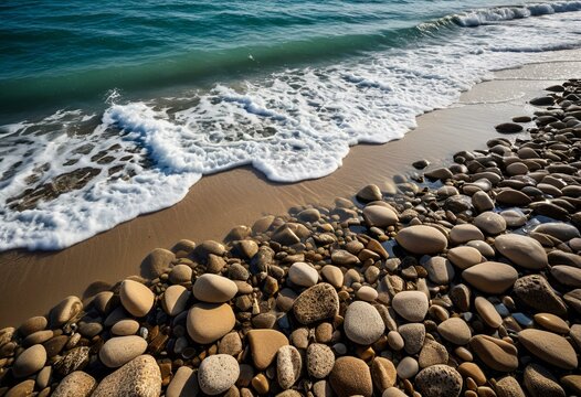 A rocky beach with waves crashing on the shore.