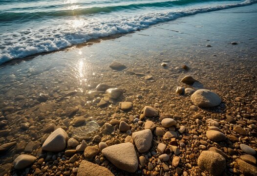 A rocky beach with waves crashing on the shore.