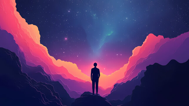 Business idea leader decision skill concept a person gazing into a cosmic landscape. Dreamless Void. Illustration
