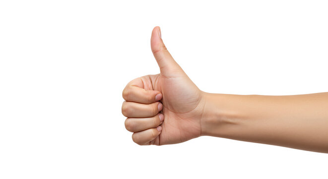 Hand Giving Thumbs Up Sign on White Background for Approval Concept