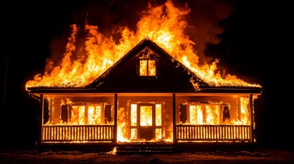 A wooden house is completely engulfed in bright orange flames