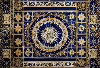A gold and blue circular pattern on a blue background.