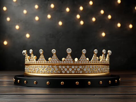 An ornate golden crown rests proudly atop a black pedestal