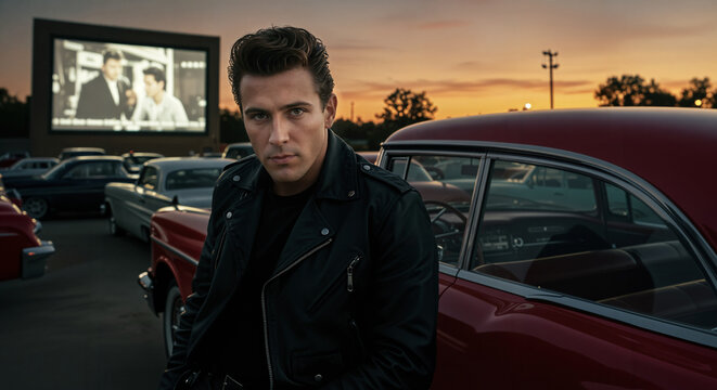 A stylish young man in a black leather jacket leans on a classic car at a retro drive-in theater during sunset, evoking a nostalgic 1950s atmosphere