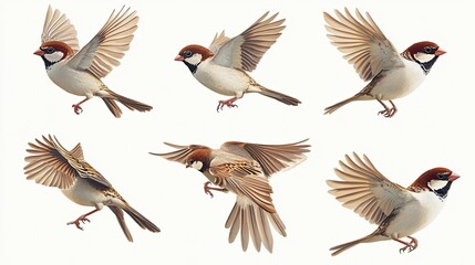 House sparrow birds in various poses, flying and perching, natural wildlife setting