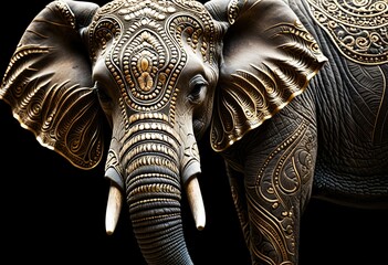 A close up of an elephant statue on a black background.