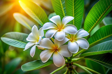 Obraz premium frangipani flower on green leaf