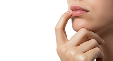Woman Touching Lips in Thoughtful Pose Against White Background
