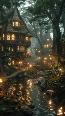 Enchanted forest village with illuminated houses and a serene stream.