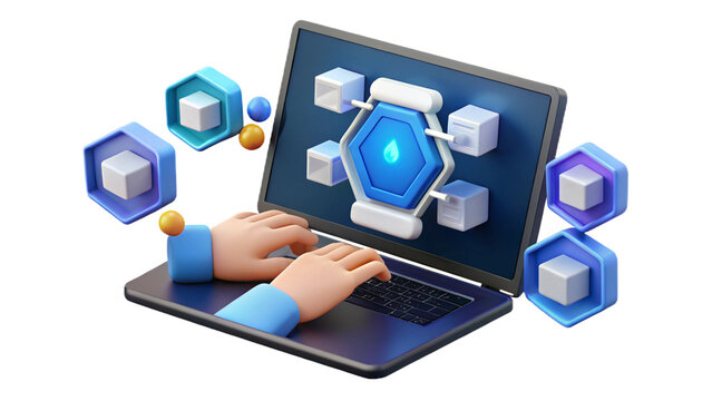 API Application Programming Interface Concept. A programmer types on a laptop, interacting with digital icons representing API development, security, and cloud computing. Application Software Tool - Powered by Adobe