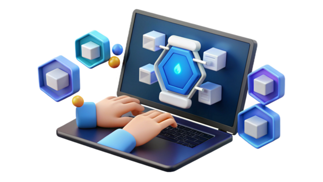 API Application Programming Interface Concept. A programmer types on a laptop, interacting with digital icons representing API development, security, and cloud computing. Application Software Tool