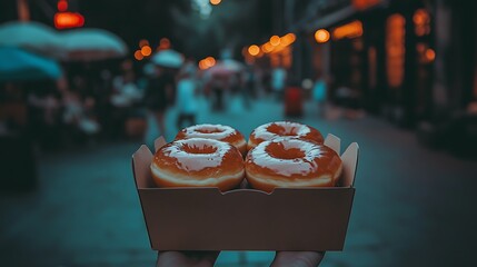 A box of donuts being held on a busy street at night