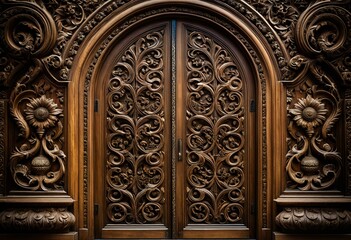 A close up of a wooden door with carvings on it.