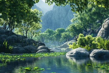 Naklejka premium Calm Pond Surrounded by Lush Greenery and Mountains in Tranquil Setting