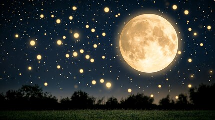 A glowing full moon shines above a night time landscape