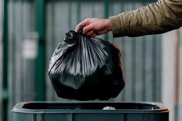 A hand holds a black garbage bag poised over a recycling bin, ready for disposal. The background features a green fence, indicating an outdoor setting