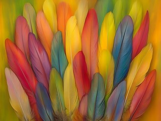 A vibrant display of many colorful and layered bird feathers