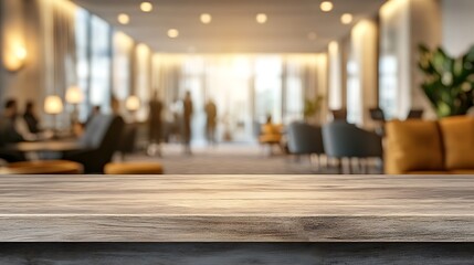 Fototapeta premium A wooden surface with a blurred image of a lobby interior