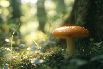Fototapeta premium Mushroom Growing in Forest with Sunlight Filtering Through Trees Leaves