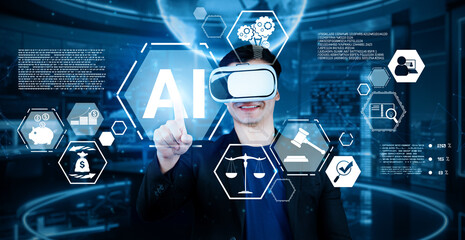 Smart project manager pointing at AI chat hologram and wearing headset at modern office....