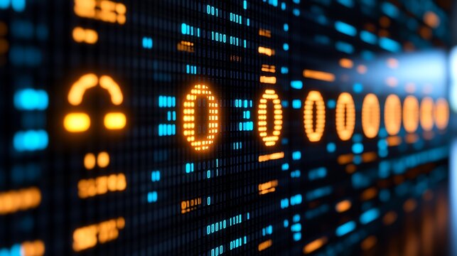 A digital screen showing glowing binary code and numbers