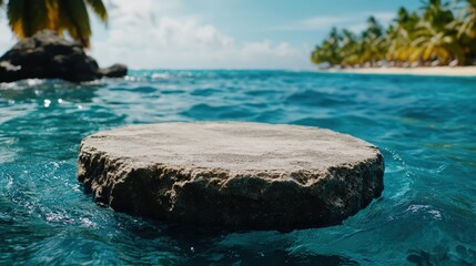 A stone platform rises amidst clear ocean waters, with a tropical paradise in the distance, capturing the essence of tranquility and adventure in a stunning marine environment.