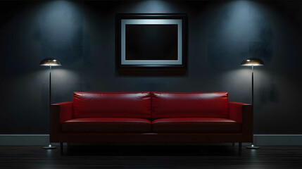 minimalistic contemporary living room in grey black and white color scheme deep red leather sofa a picture frame on the wall night time scene room is lit by soft wa