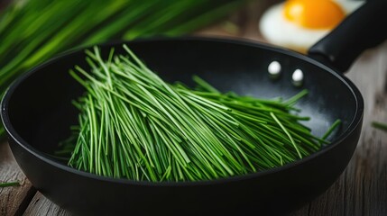 An artistic image showcasing fresh chives piled in a black frying pan, symbolizing the freshness and vibrancy of culinary herbs in the art of cooking and food preparation.