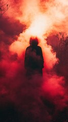 Mysterious figure enveloped in crimson smoke, spectral presence in twilight