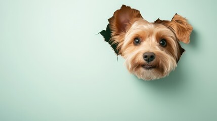 A small dog with fluffy ears is peeking through a hole in a light green wall, displaying a curious expression that highlights its playful nature