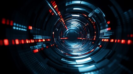 Futuristic digital tunnel with red and blue data visualization