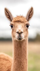 Obraz premium A pink alpaca gazes curiously at the camera, surrounded by a grassy field under a cloudy sky, highlighting its unique color and gentle demeanor