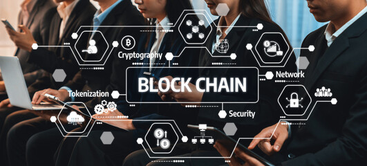 A professional assembly discussing the various aspects of blockchain technology, focusing on security, tokenization, and networking innovations in today digital landscape. Amity