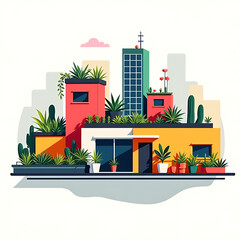 Fototapeta premium Colorful urban rooftop garden with plants and buildings