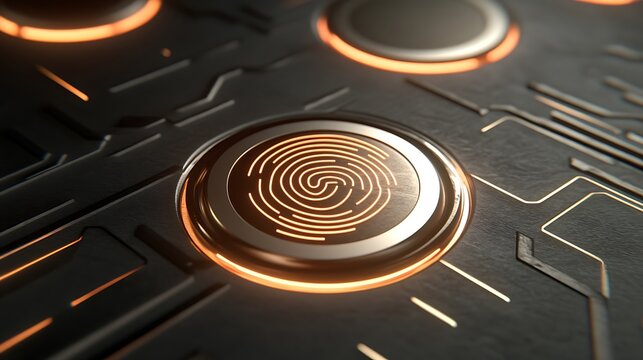 Futuristic digital fingerprint scanner with illuminated technological circular design - Powered by Adobe
