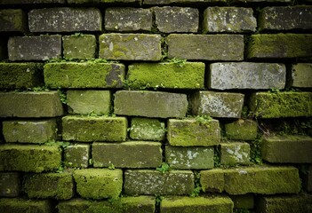 Naklejka premium A brick wall covered in green moss and ivy.